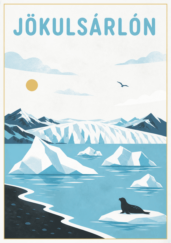 Affiche vintage Jökulsarlón – Poster de voyage rétro, Jökulsarlón, Islande, EUROPE