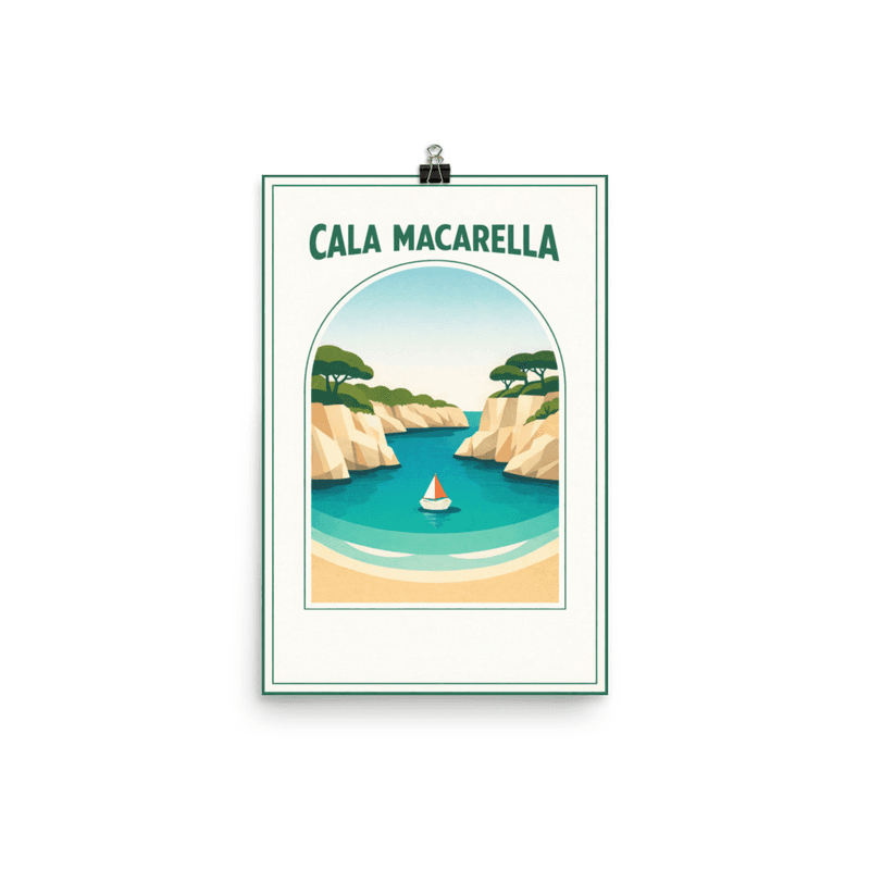 Affiche vintage Cala Macarella Minorque – Poster de voyage rétro, Plage turquoise, Baléares, Espagne