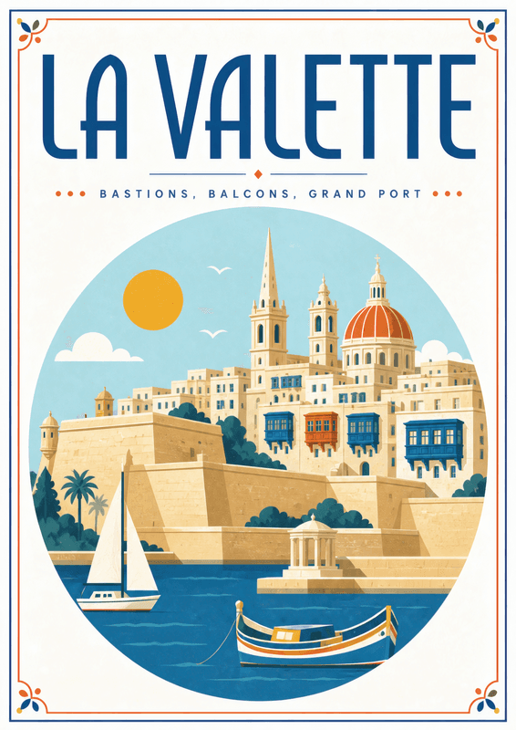 Affiche vintage La Valette – Poster de voyage rétro, La Valette, Malte, EUROPE