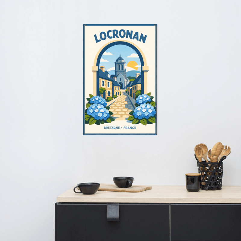 Affiche vintage Locronan – Poster de voyage rétro, Village bretôn, Finistère, Bretagne, France
