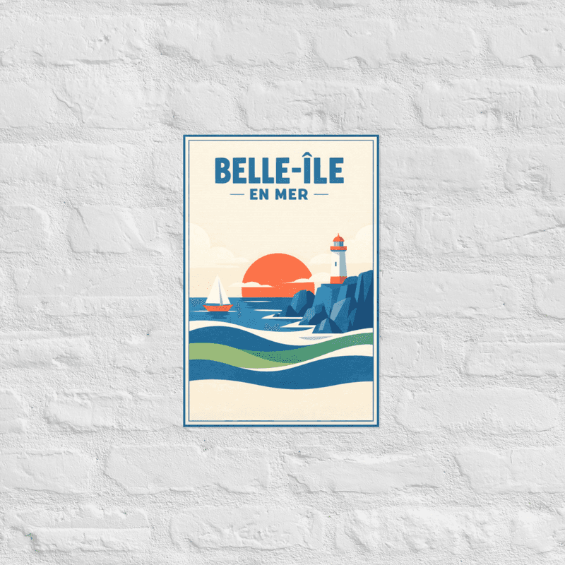 Affiche vintage Belle-Île-en-Mer – Poster de voyage rétro, phare, voilier, Bretagne, France