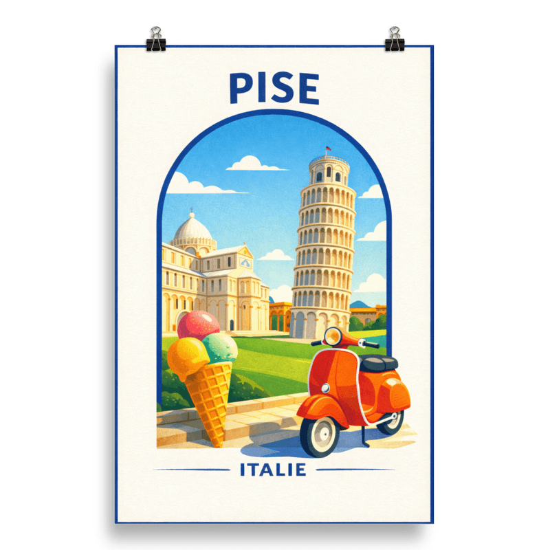 Affiche vintage Pise – Poster de voyage rétro, Tour penchée, Vespa, Toscane, Italie