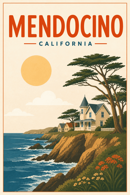 Affiche vintage Mendocino – Poster de voyage rétro, Mendocino, États-Unis, AMÉRIQUE DU NORD