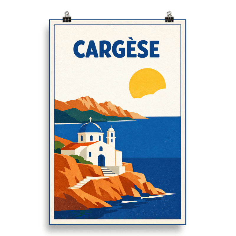 Affiche vintage Cargèse – Poster de voyage rétro, église grecque, falaises, CORSE