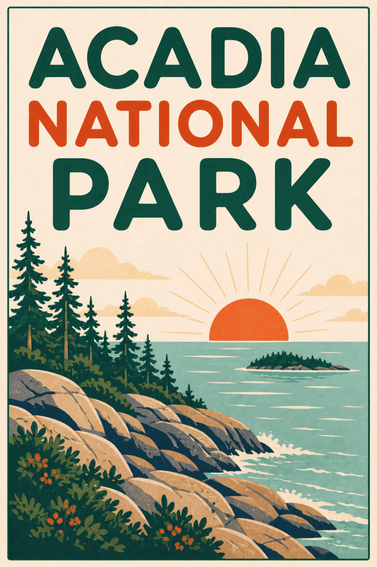 Affiche vintage Acadia National Park – Poster de voyage rétro, Acadia National Park, États-Unis, AMÉRIQUE DU NORD