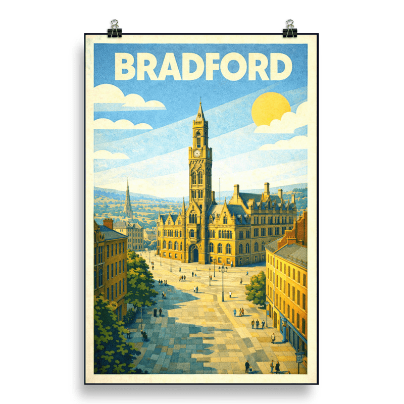 Affiche vintage Bradford – Poster de voyage rétro, hôtel de ville victorien et cathédrale, Angleterre