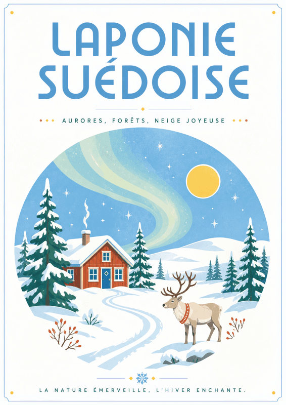 Affiche vintage Laponie Suédoise – Poster de voyage rétro, Laponie Suédoise, Suède, EUROPE