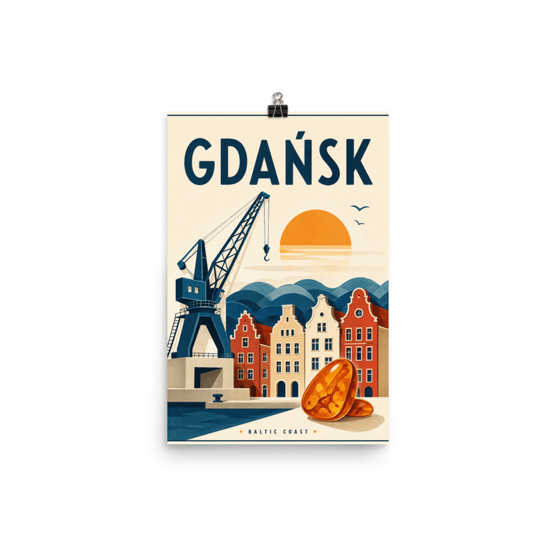 Affiche vintage Gdańsk – Poster de voyage rétro, Port Hanseatique et Ambre, POLOGNE