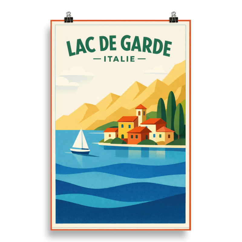 Affiche vintage Lac de Garde – Poster de voyage rétro, Voile, Villages, Lombardie, Italie