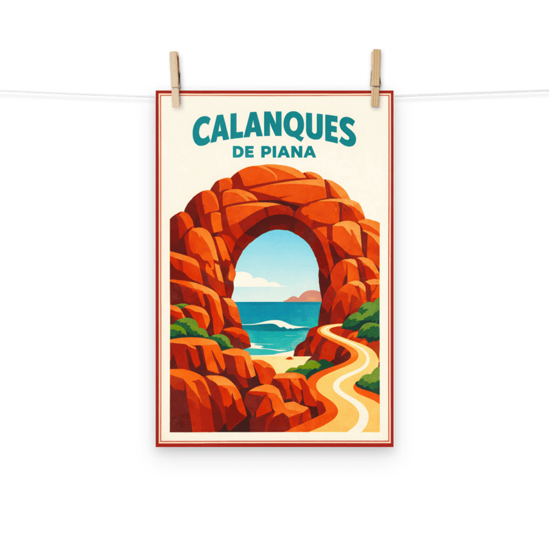 Affiche vintage Calanques de Piana – Poster de voyage rétro, Roches rouges, Corse, France