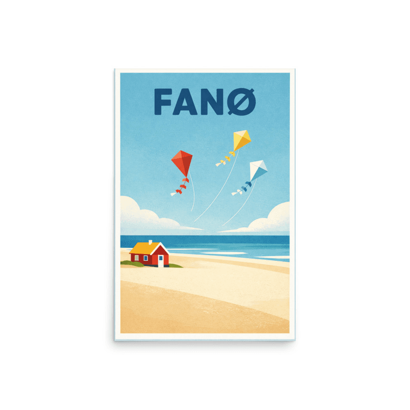 Affiche vintage Fanø – Poster de voyage rétro, cerfs-volants, plage, dunes, mer, DANEMARK