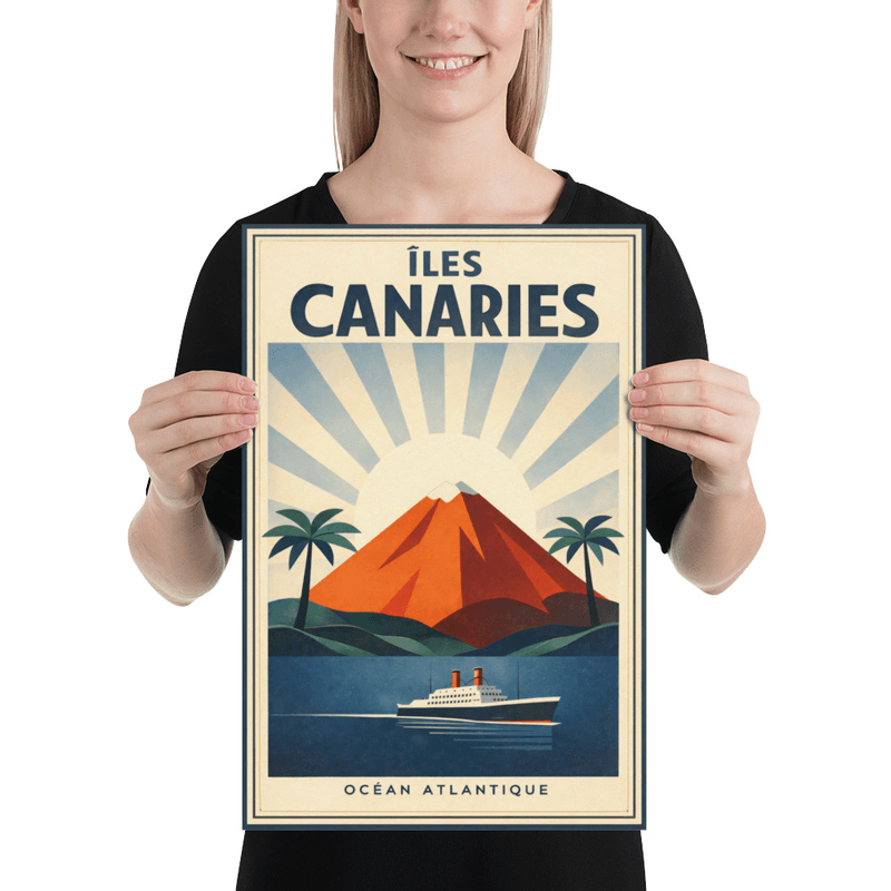 Affiche vintage Îles Canaries – Poster de voyage rétro, volcan, bateau, Océan Atlantique, Espagne