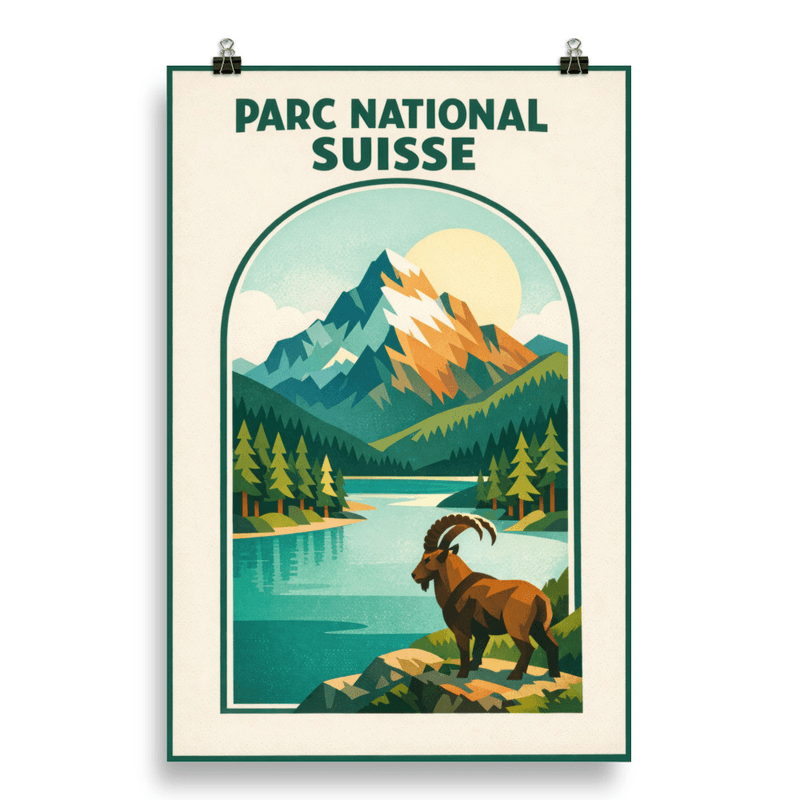 Affiche vintage Parc national suisse – Poster de voyage rétro, montagnes, bouquetin et lac, Suisse