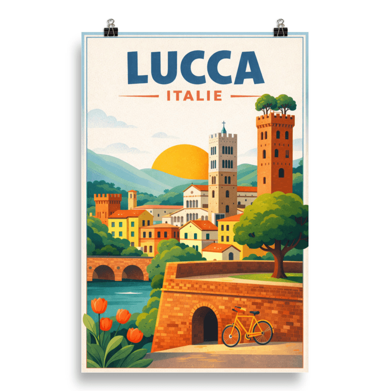 Affiche vintage Lucca – Poster de voyage rétro, Remparts médiévaux, Torre Guinigi, Toscane, Italie