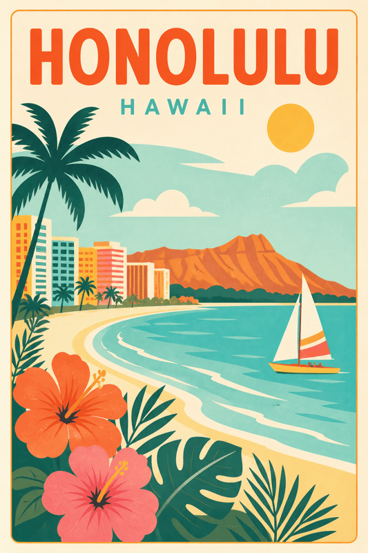 Affiche vintage Honolulu – Poster de voyage rétro, Honolulu, États-Unis, AMÉRIQUE DU NORD