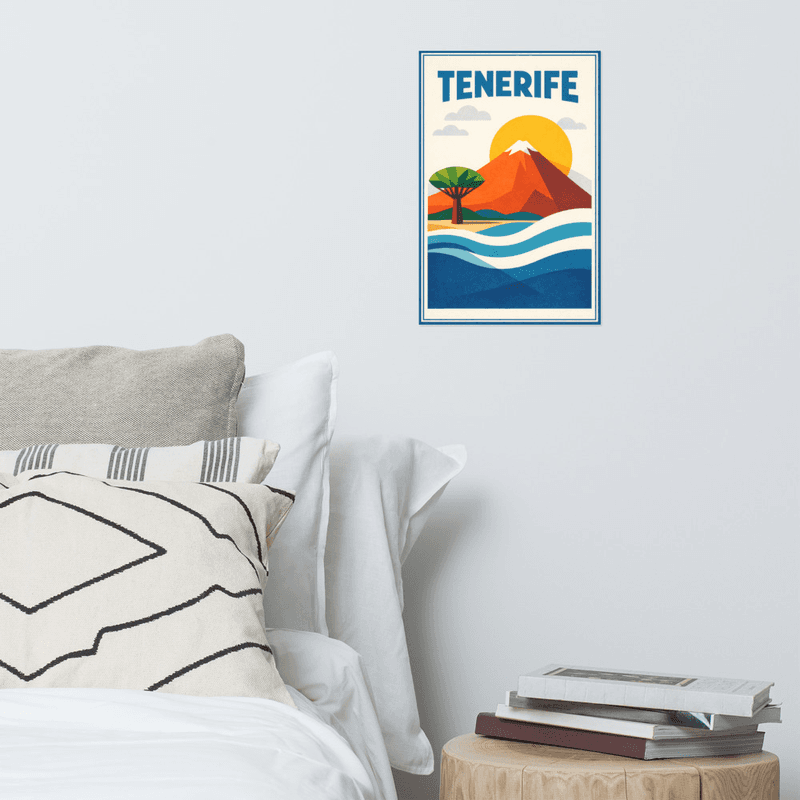 Affiche vintage Tenerife – Poster de voyage rétro, Teide, Palmier, Océan Atlantique, Îles Canaries, Espagne