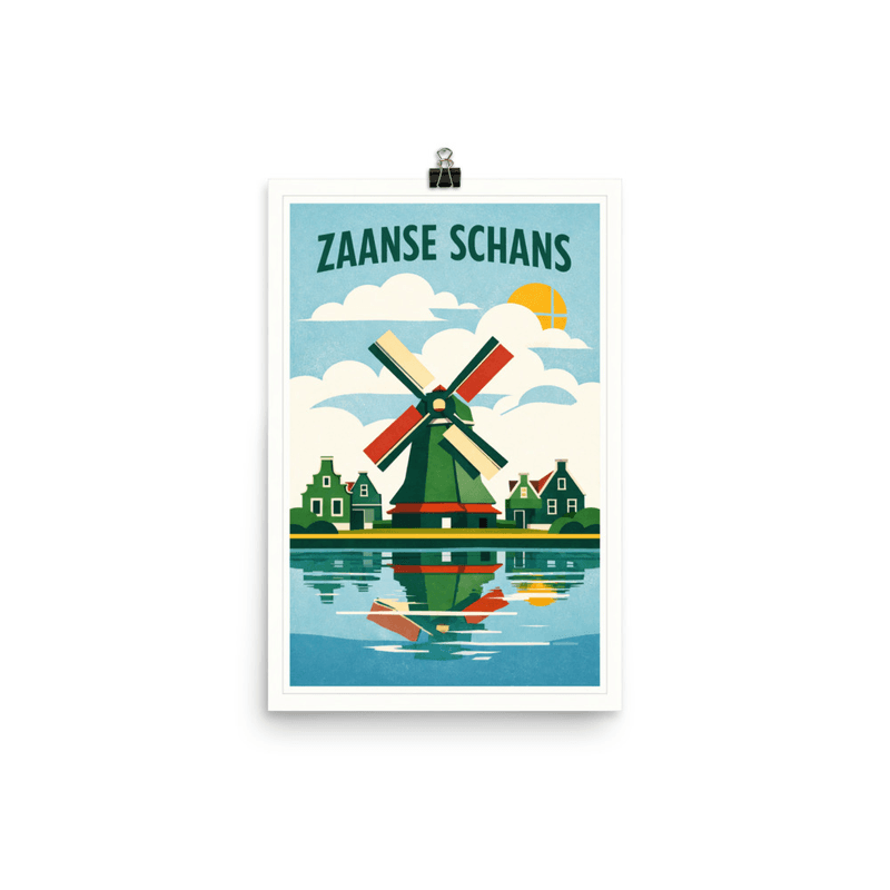 Affiche vintage Zaanse Schans – Poster de voyage rétro, moulin à vent, village, reflets, PAYS-BAS