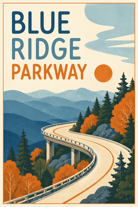 Affiche vintage Blue Ridge Parkway – Poster de voyage rétro, Blue Ridge Parkway, États-Unis, AMÉRIQUE DU NORD