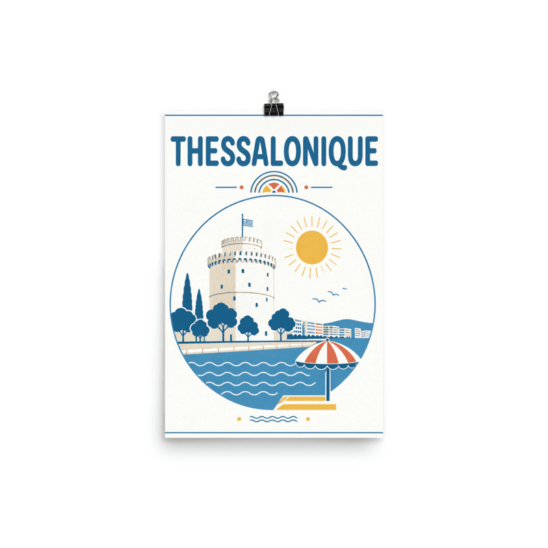 Affiche vintage Thessalonique – Poster de voyage retro, Tour Blanche Parasols Soleil Mer Egee, GRECE