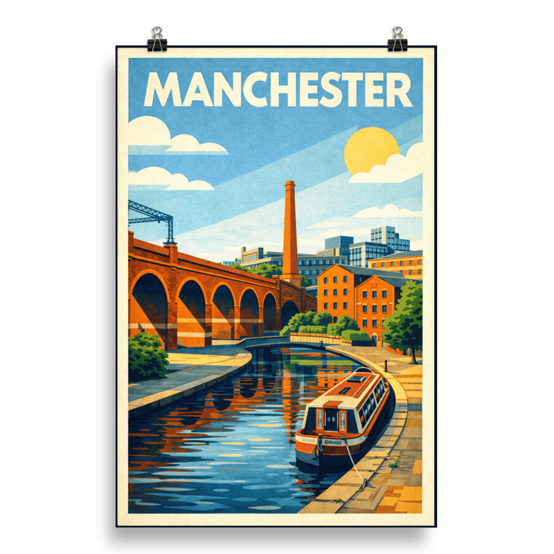 Affiche vintage Manchester – Poster de voyage rétro, canaux et quartier industriel de Castlefield, Angleterre