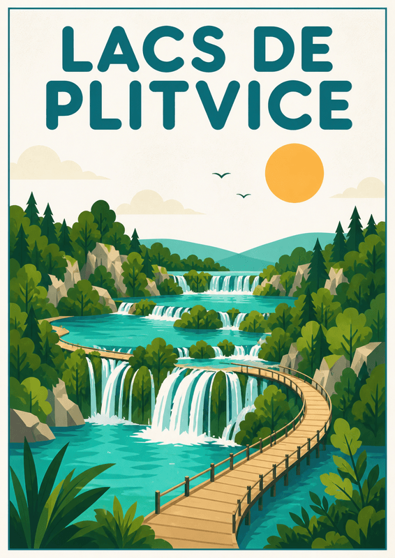 Affiche vintage Lacs de Plitvice – Poster de voyage rétro, Lacs de Plitvice, Croatie, EUROPE