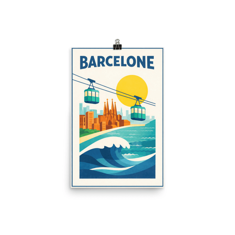Affiche vintage Barcelone Téléphérique – Poster de voyage rétro, Montjuïc, Port, Catalogne, Espagne