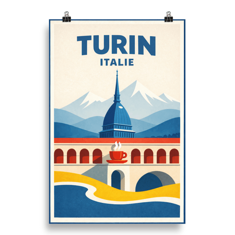 Affiche vintage Turin – Poster de voyage rétro, Mole Antonelliana, Café, Alpes, Piémont, Italie