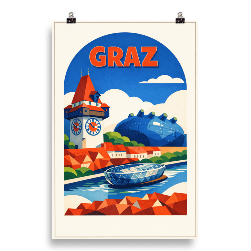 Affiche vintage Graz – Poster de voyage rétro, Tour de l'Horloge et Kunsthaus, AUTRICHE