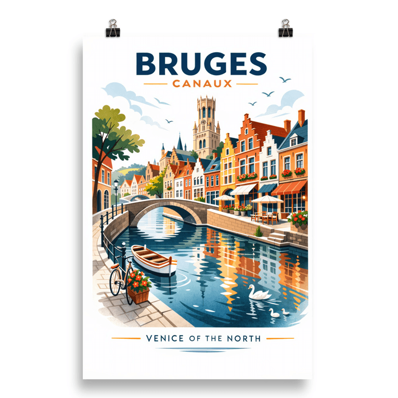 Affiche vintage Bruges – Poster de voyage rétro, canaux, Belgique