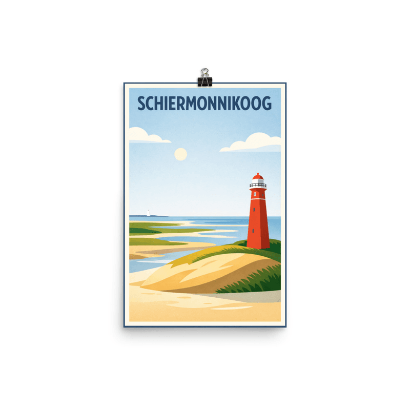 Affiche vintage Schiermonnikoog – Poster de voyage rétro, île, phare, dunes, mer des Wadden, PAYS-BAS