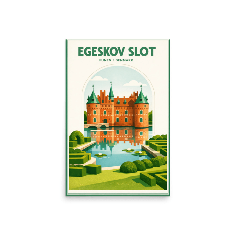 Affiche vintage Egeskov Slot – Poster de voyage rétro, château Renaissance, jardins, Funen, DANEMARK