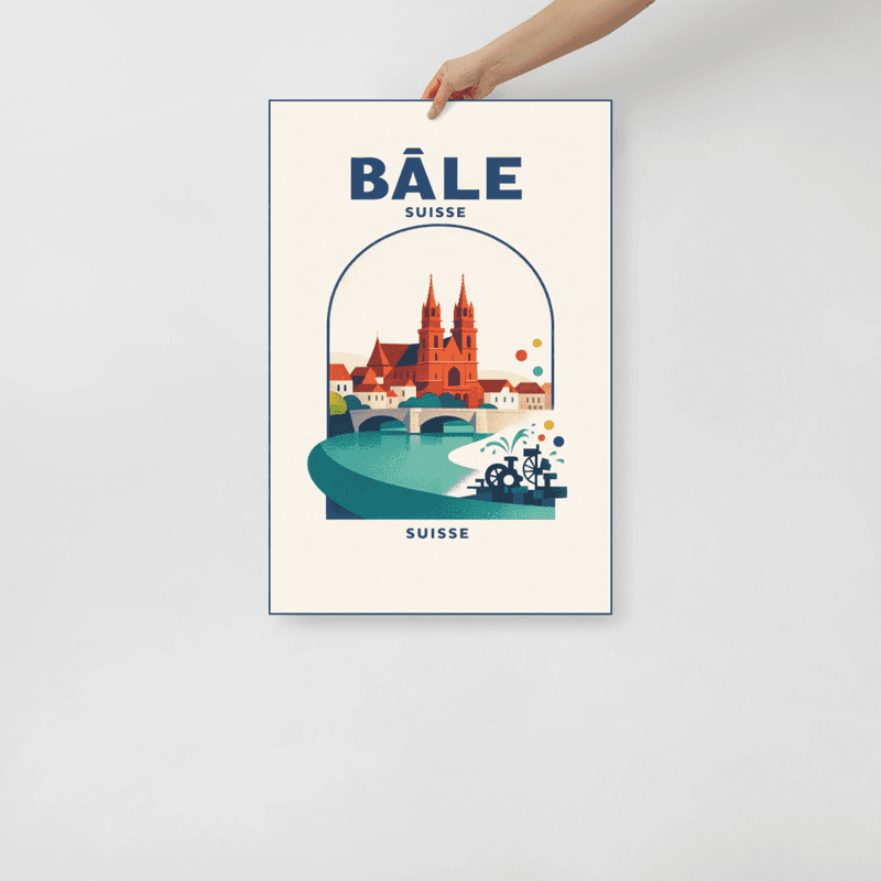 Affiche vintage Bâle – Poster de voyage rétro, cathédrale et Rhin, canton de Bâle-Ville, Suisse