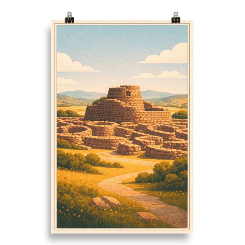 Affiche vintage Nuraghi – Poster de voyage rétro, Tours Préhistoriques, Campagne, Sardaigne, Italie