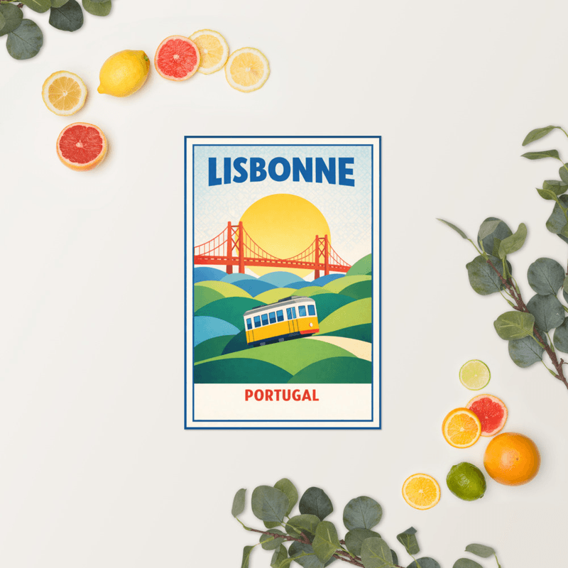 Affiche vintage Lisbonne – Poster de voyage rétro, Tramway, Pont 25 Avril, Portugal