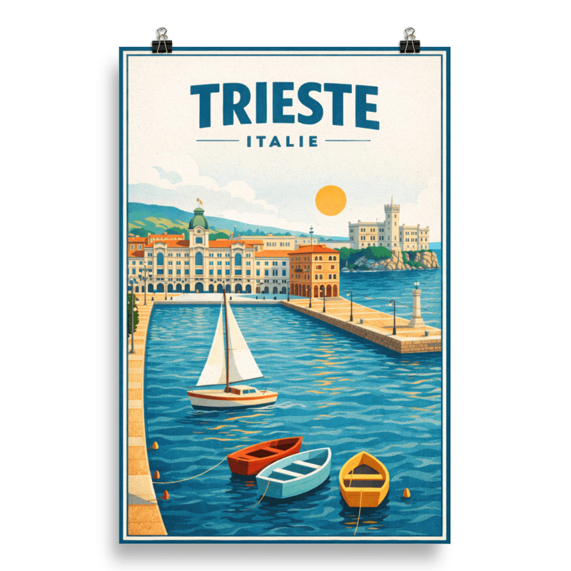 Affiche vintage Trieste – Poster de voyage rétro, Bord de mer, Château Miramare, Frioul, Italie