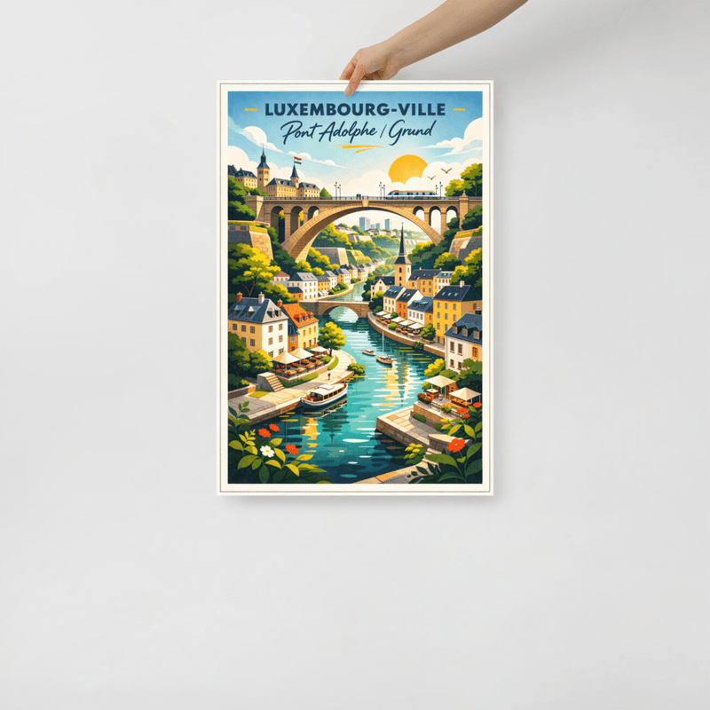 Affiche vintage Luxembourg-Ville – Poster de voyage rétro, Pont Adolphe et quartier du Grund, Luxembourg