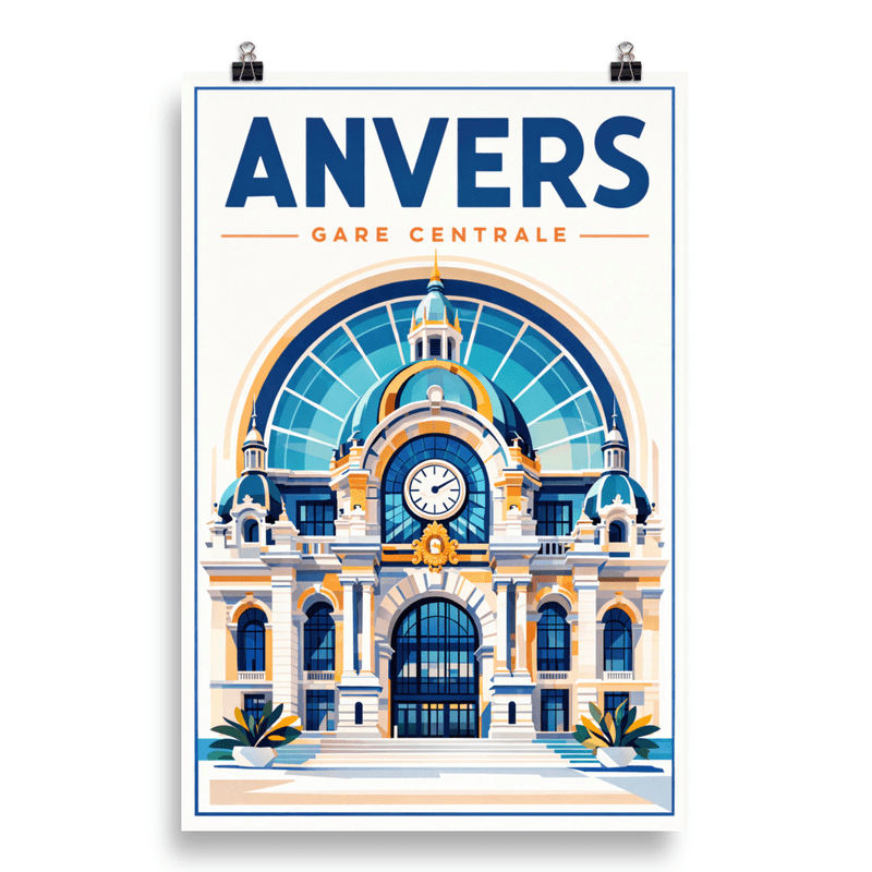 Affiche vintage Anvers – Poster de voyage rétro, gare centrale néo-baroque, Belgique