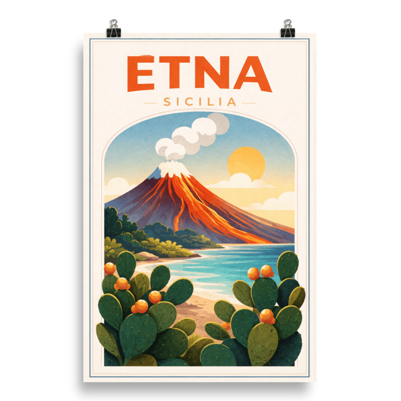 Affiche vintage Etna – Poster de voyage rétro, Volcan, Cactus, Sicile, Italie