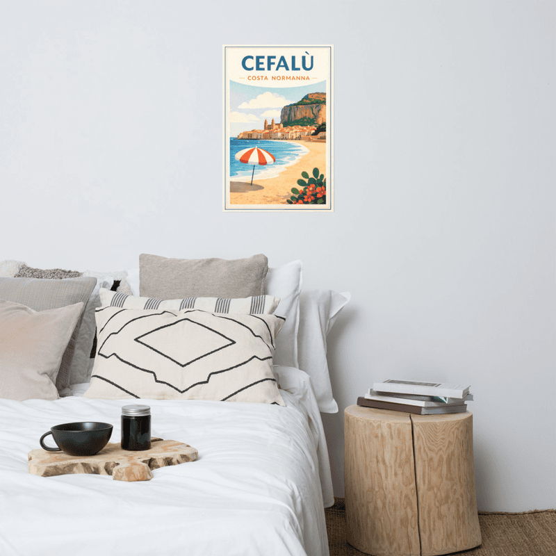 Affiche vintage Cefalù – Poster de voyage rétro, plage méditerranéenne, Sicile, Italie