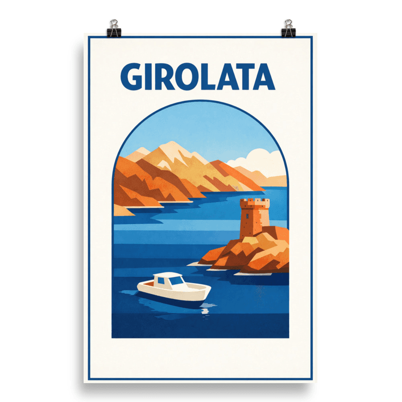 Affiche vintage Girolata – Poster de voyage rétro, tour génoise, fjord, bateau, CORSE
