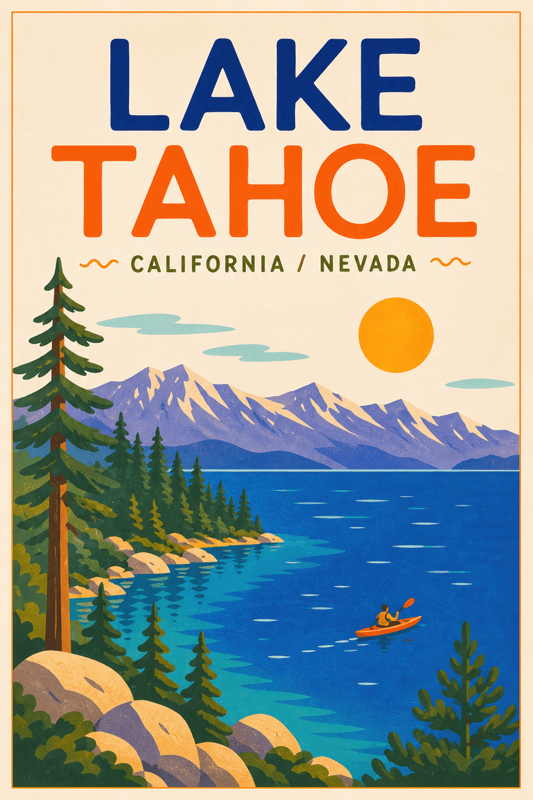 Affiche vintage Lake Tahoe – Poster de voyage rétro, Lake Tahoe, États-Unis, AMÉRIQUE DU NORD