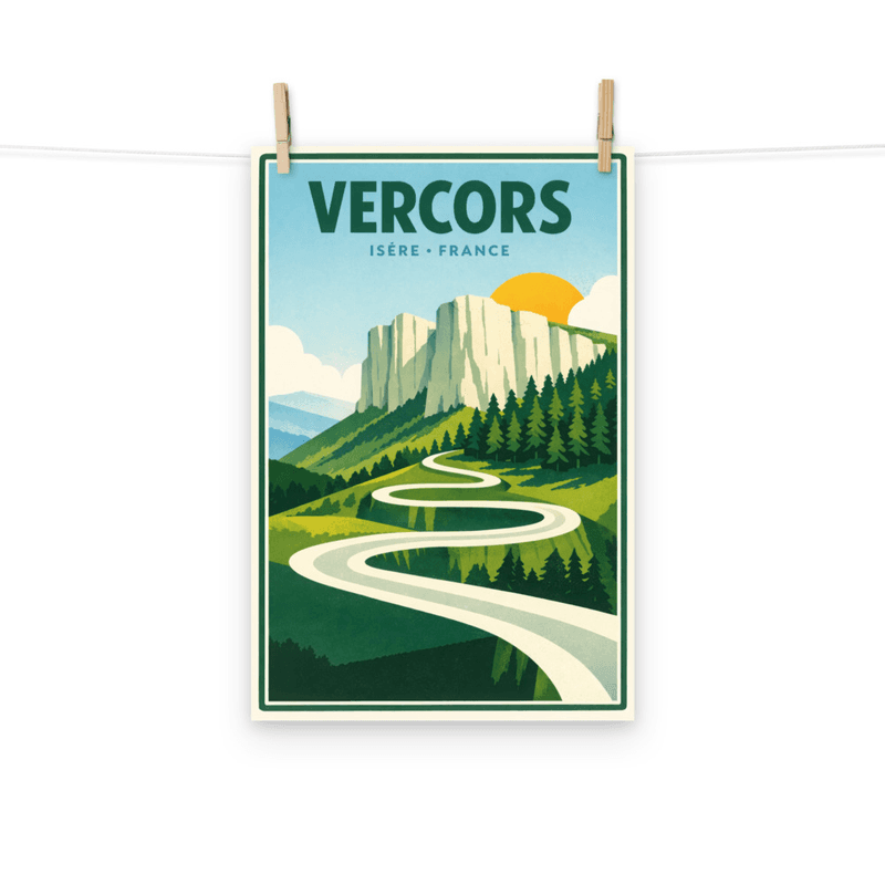 Affiche vintage Vercors – Poster de voyage rétro, Falaises, Forêt, Isère, France