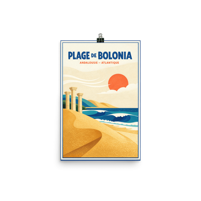 Affiche vintage Plage de Bolonia – Poster de voyage rétro, Andalousie Atlantique, Ruines romaines, Espagne