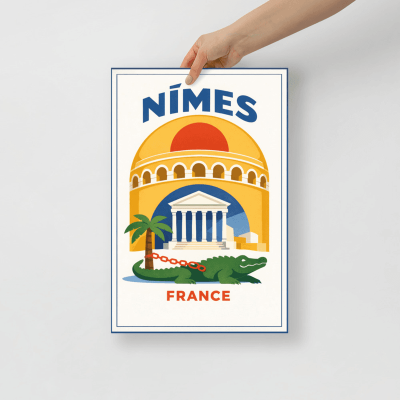 Affiche vintage Nîmes – Poster de voyage rétro, Arènes, Maison Carrée, Occitanie, France