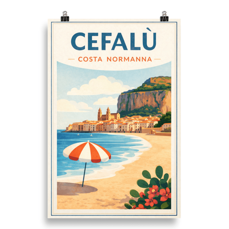 Affiche vintage Cefalù – Poster de voyage rétro, Costa Normanna, Cathédrale, Sicile, Italie