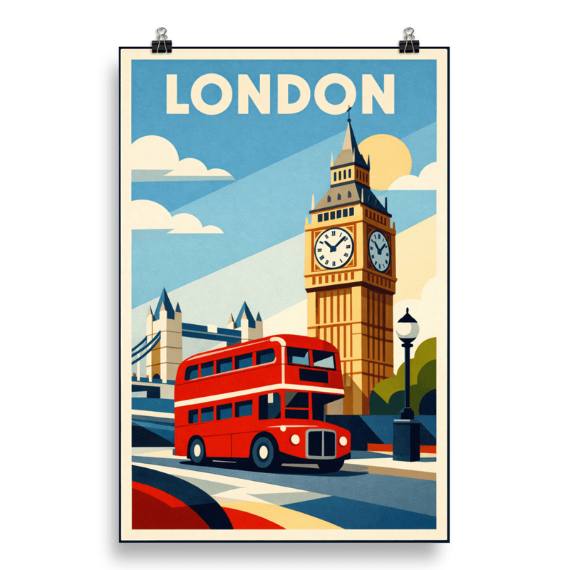 Affiche vintage Londres – Poster de voyage rétro, Big Ben et bus rouge à impériale, Angleterre