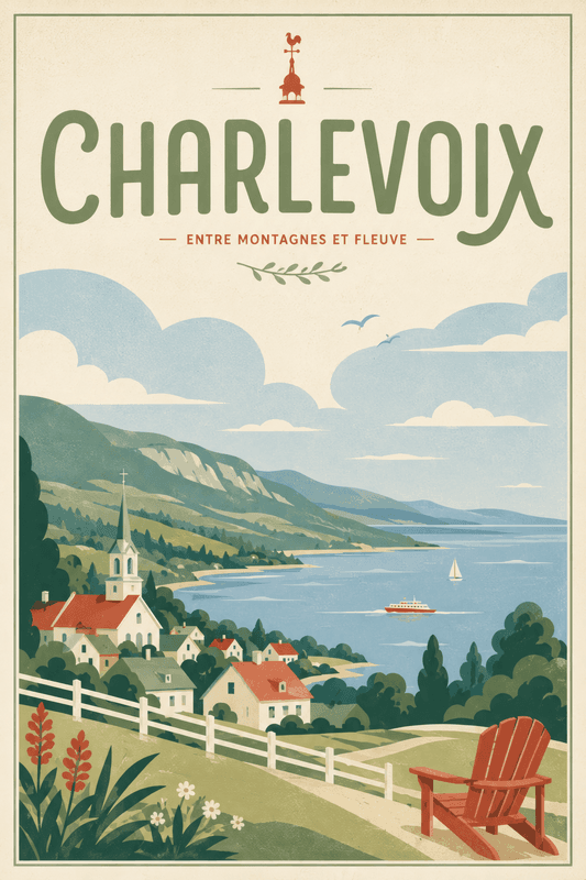 Affiche vintage Charlevoix – Poster de voyage rétro, Charlevoix, Canada, AMÉRIQUE DU NORD