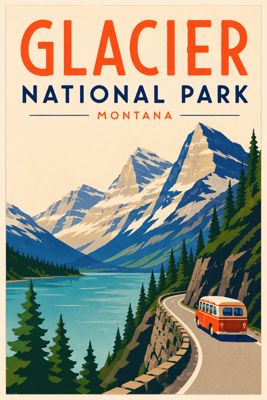 Affiche vintage Glacier National Park – Poster de voyage rétro, Glacier National Park, États-Unis, AMÉRIQUE DU NORD