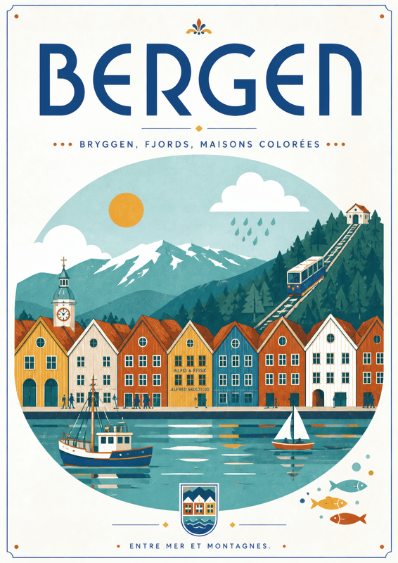 Affiche vintage Bergen – Poster de voyage rétro, Bergen, Norvège, EUROPE