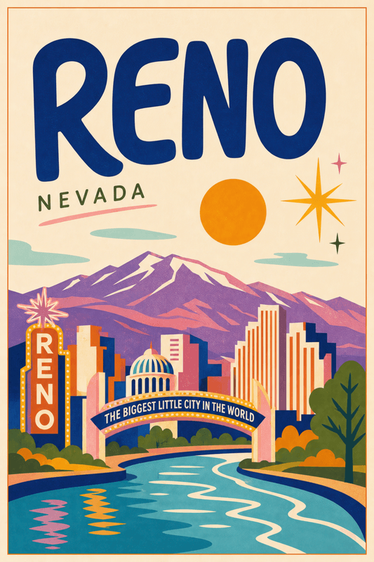 Affiche vintage Reno – Poster de voyage rétro, Reno, États-Unis, AMÉRIQUE DU NORD